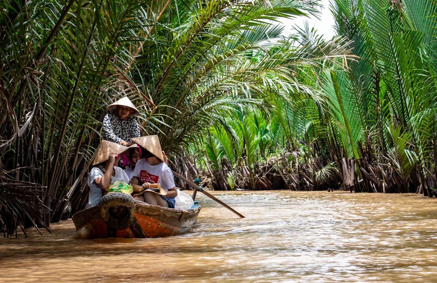 Mekong Delta boat under water palms